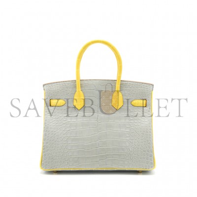 HERMÈS MASTER BIRKIN 25 CROCODILE LEATHER PEARL GREY AND YELLOW BAG GOLD BUCKLE H041354CK2S (25*20*13cm)